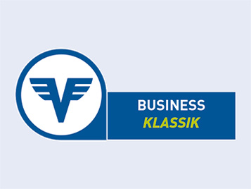 Business Klassik Konto Logo in Blau und Grün auf hellblauem Hintergrund.